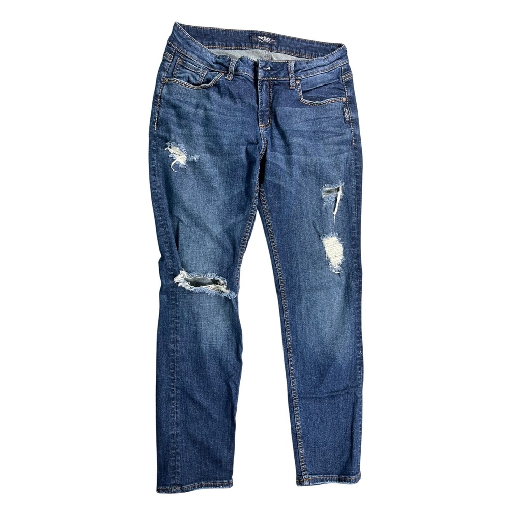 Silver Jeans Sam Women's 28x27 Distressed Slim Boyfriend Jeans Medium Wash Denim